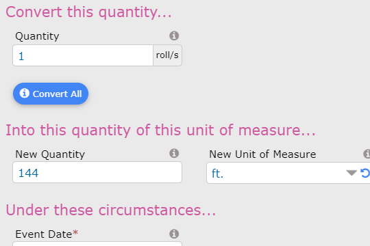 Convert quantity process screen